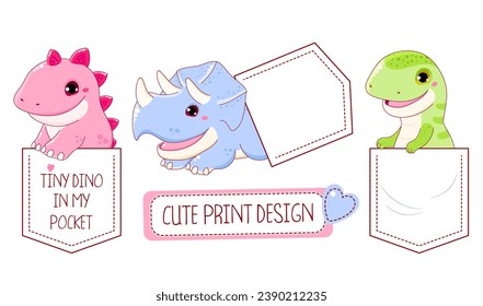 Set of cute dino in pocket. Baby print collection of little smiling cartoon dinosaurios in pockets. Childish print with funny tiny dinos for t-shirt design. Vector illustration EPS8