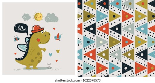 Set of Cute Dinosaur boy and abstract  seamless pattern cartoon hand drawn vector illustration. Can be used for baby t-shirt print design, baby shower celebration greeting and invitation card.