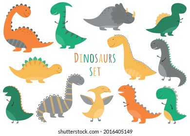 A set of cute dinosaur boys. Hand-drawn. Yellow, orange, green, gray dinosaurs. Vector illustration for children.	