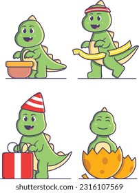 Set of Cute Dinosaur Cartoon Illustration