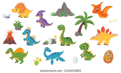 Conjunto de dibujos animados lindos del dinosaurio, aislado en el fondo blanco