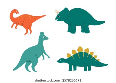 Set of cute dinosaur characters. Design elements for print, greeting card, invitation, book. Isolated vector illustration