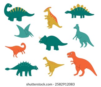 Set of cute dinosaur characters. Design elements for print, greeting card, invitation, book. Isolated vector illustration