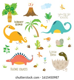 Set of Cute Dinosaur Characters with Dinosaur Footprint, Volcano, Palm Trees, Stones, Bones, Grass and Cactus.