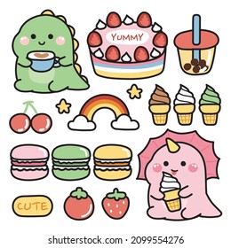 Set of cute dinosaur with dessert cartoon on white background.Cake,bubble milk tea,cherry,rainbow,ice cream,macaron cookies,tomato,strawberry.Kid graphic.Isolated.Sticker.Vector.Illustration.
