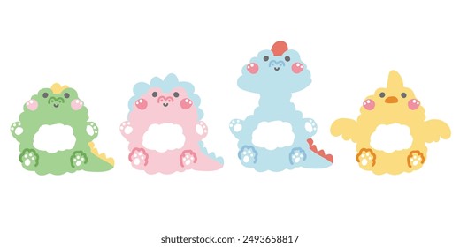 Set of cute dinosaur doll sit on white background.Wild jurassic animal character cartoon design.Image for card,poster,baby clothing.Kawaii.Vector.Illustration.