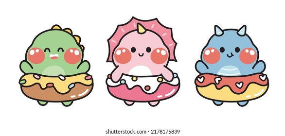 Set cute dinosaur in donut costume cartoon Animal character design collection Funny graphic hand drawn Mascot Jurassic Isolated Kawaii Vector Illustration 
