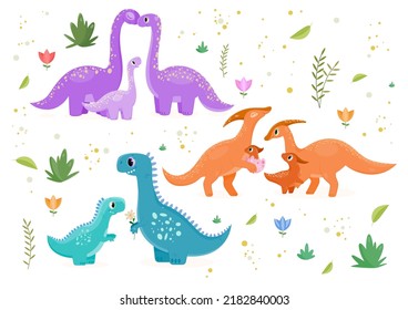 Set of cute dinosaur families. Illustrations with dyno parents and baby. Fairy tale characters in Scandinavian style surrounded by flowers. Cartoon flat vector collection isolated on white background