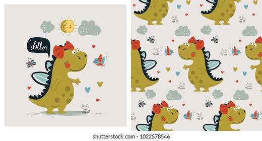 Set of Cute Dinosaur girl  with seamless pattern.cartoon hand drawn vector illustration. Can be used for baby t-shirt print design, baby shower celebration greeting and invitation card.