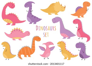 A set of cute dinosaur girls. Hand-drawn. Pink, yellow, orange, purple dinosaurs. Vector illustration for children.