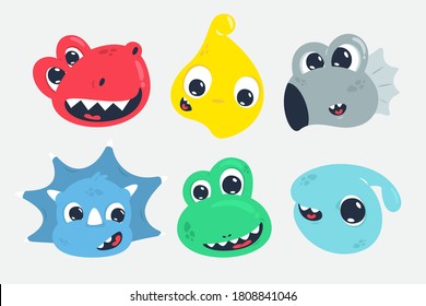 Set Of Cute Dinosaur Head Cartoon Isolated On White Background Illustration Vector.