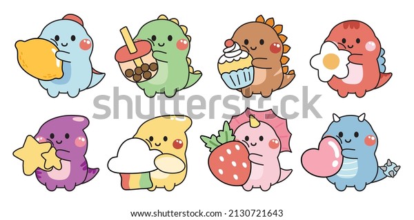 Set of cute dinosaur\
hug object on white background.Animals character\
design.Lemon,bubble milk tea,cup\
cake,flower,star,cloud,rainbow,strawberry,heart hand drawn.Kid\
graphic.Kawaii.Vector.Illustration