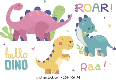 Set of cute dinosaur illustrations. Funny cartoon dino collection with tropic plants and slogans. Hand drawn vector set for kids design, isolated on white background.