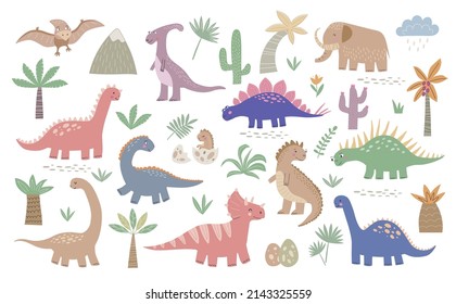 Set of cute dinosaur illustrations and tropical plants isolated on white background. Prehistoric lizard cartoon collection with floral elements. Hand drawn vector characters reptiles
