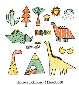 Set of cute dinosaur illustrations. Cute vector dino isolated on white background. Volcano, palm tree, mountain, sun and clouds.