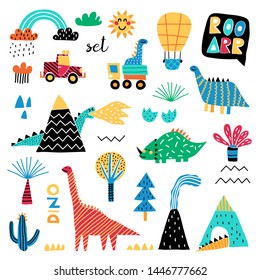 Set of cute dinosaur illustrations. Cute vector dino isolated on white background. Volcano, palm tree, mountain, sun, cars and clouds. Doodle set.  svg