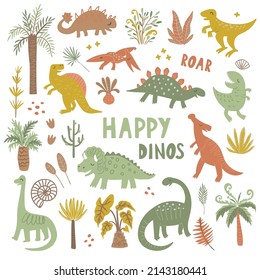 Set of cute dinosaur and jurassic plants. T-rex, tyrannosaurus, diplodocus, pterodactyl, stegosaurus and spinosaurus. Happy dino vector illustration on white background.