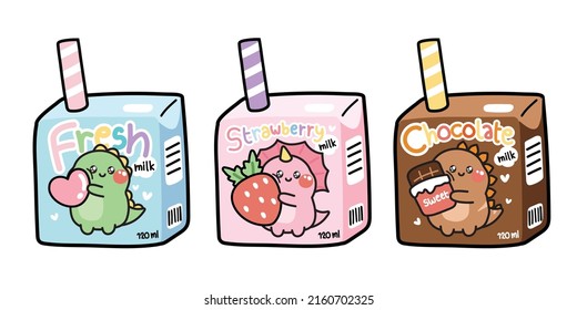 Set of cute dinosaur on milk box cartoon.Animal character design.Fresh,strawberry,chocolate flavor.Kawaii.Vector.Illustration.