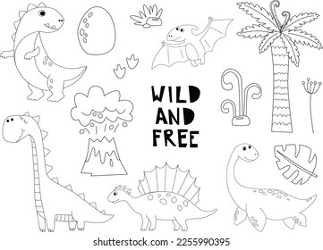 Set of cute dinosaur outlines in cartoon style. Kids coloring book illustrations.