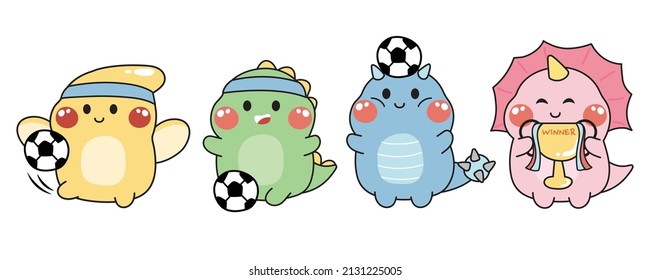 Juego de lindos dinosaurios en juego concepto de fútbol.Diseño de carácter animal.Dibujo bebé.Ganador.Campeones.Deporte.Aislado.Kawaii.Vector.Ilustración.