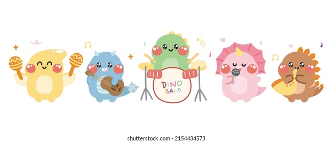 Juego de dibujos animados de instrumentos musicales de dinosaurios bonitos. Colección de diseño de personajes animales. Canta una canción. Música. Kawaii.Vector.Ilustración.