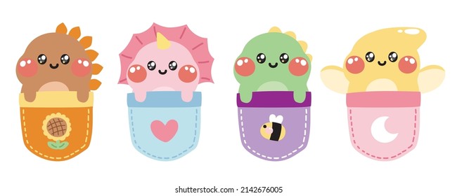 Set of cute dinosaur in a pocket.Animal character cartoon collection.Image for card,poster,baby clothing.Kid graphic design.Kawaii.Vector.Illustration.