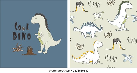 set of cute dinosaur print and seamless pattern with dinosaurs. vector