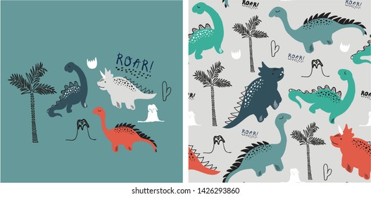 set of cute dinosaur print and seamless pattern with dinosaurs. vector