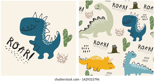 set of cute dinosaur print and seamless pattern with dinosaurs. vector