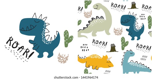 set of cute dinosaur print and seamless pattern with dinosaurs. vector