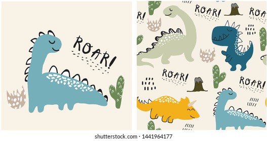 set of cute dinosaur print and seamless pattern with dinosaurs. vector