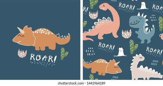 set of cute dinosaur print and seamless pattern with dinosaurs. vector