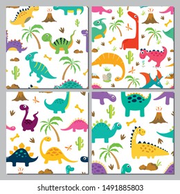 Set of cute dinosaur seamless patterns. Vector illustration.