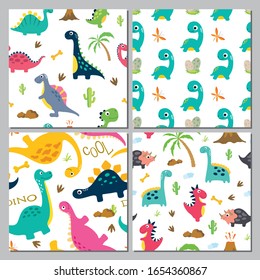 Set of cute dinosaur seamless patterns. Vector illustration.