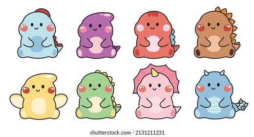 Set of cute dinosaur sit poses cartoon on white background.Animals character design.Image for card,poster,sticker,baby clothing.Jurassic.Kawaii.Vector.Illustration.