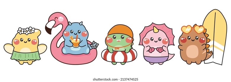 Set of cute dinosaur in various poses cartoon.Summer concept.Sea and beach.Animals character design.Kawaii.Vector.Illustration.