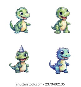 set of cute dinosaur watercolor illustrations for printing on baby clothes, sticker, postcards, baby showers, games and books, Safari jungle animals vector