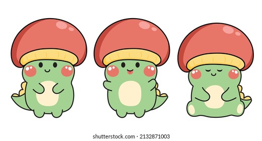 Set of cute dinosaur wear mushroom costume head.Funny animal character graphic design collection.Isolated.Kawaii.Vector.Illustration.