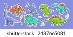 Set of cute dinosaurs in Asian kawaii style. Tyrannosaurus rex, stegosaurus, triceratops, pterosaur, spinosaurus, ichthyosaur, diplodocus. Prehistoric predatory lizard, mascot. Cartoon character