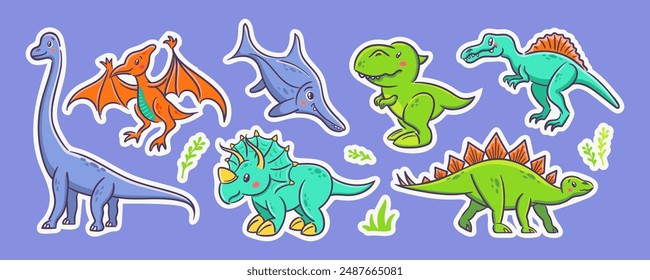 Conjunto de lindos dinosaurios en estilo kawaii asiático. Tyrannosaurus rex, stegosaurus, triceratops, pterosaurio, spinosaurus, ichthyosaur, diplodocus. Lagarto depredador prehistórico, mascota. Personaje de dibujos animados