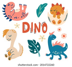 Set with cute dinosaurs. Cute baby animals. Reptile. Lizard. Dinosaur era wildlife.
Kids Vector illustration in flat cartoon style Isolated on white background.
