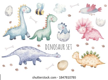 set of cute dinosaurs, birds, wasps, footprints and eggs childrens   illustration, kids room decor, print, textiles