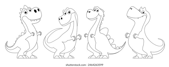 Conjunto de lindos dinosaurios, líneas negras libro para colorear. Un dinosaurio divertido y divertido con un aspecto peculiar y poses de escamas amarillas. Animal prehistórico y primitivo representado para niños