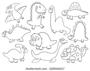 Set Cute Dinosaurs Black White Cartoon Stock Vector (Royalty Free ...