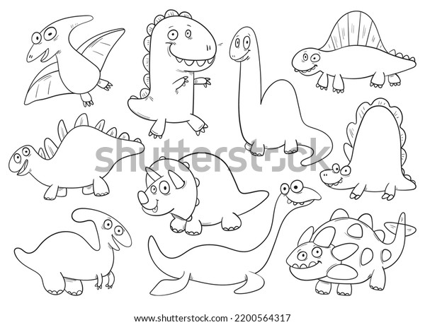 Set Cute Dinosaurs Black White Cartoon Stock Vector (Royalty Free ...