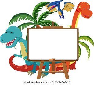 Set of cute dinosaurs with blank banner isolated on white background illustration