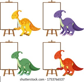 Set of cute dinosaurs with blank banners isolated on white background illustration