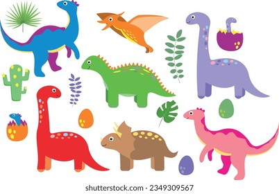 A set of cute dinosaurs. Bright colored dinosaurs. Cartoon characters dino isolated on white