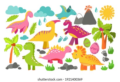 A set of cute dinosaurs in bright colors for printing on textiles and stickers. Drawing for a boy and a girl.