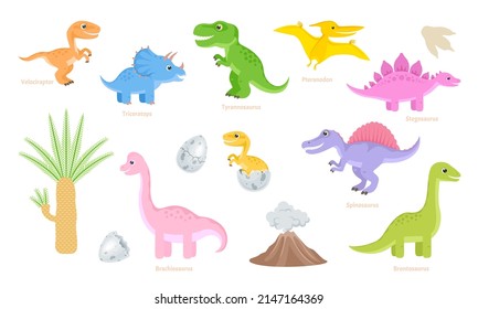 Set of cute dinosaurs. Cartoon funny Jurassic animals. Simple flat vector illustrations.